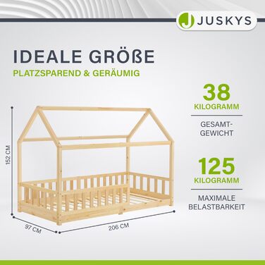 Дитяче ліжко Juskys Marli 90 x 200 см із захистом від падіння, рейковою основою та дахом - Ліжко-будиночок з масиву дерева для дітей - Ліжко натурального коричневого кольору