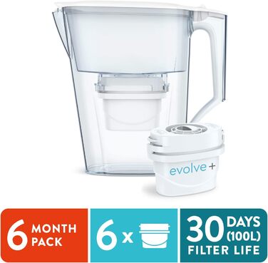 Глечик для фільтра для води Aqua Optima Liscia & 6 картриджів для фільтра для води на 30 днів Evolve, обємом 2,5 л, для зменшення мікропластику, хлору, вапняного нальоту та забруднень, білі