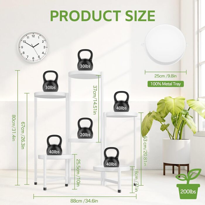 Велика металева підставка для рослин з 6 ярусами, підставка для квітів, полиця для рослин, для використання в приміщенні/на вулиці, складна підставка для рослин для саду, балкону, вітальні, біла/чорна, 6 ярусів, білий