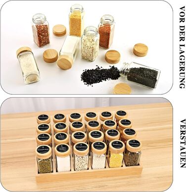 Натуральна бамбукова підставка для спецій з банками, набір шаф для спецій з 24 квадратними банками для спецій, бамбукова підставка для спецій, що підходить для охайної та організованої кухні, натуральний бамбук, 24 квадратні банки