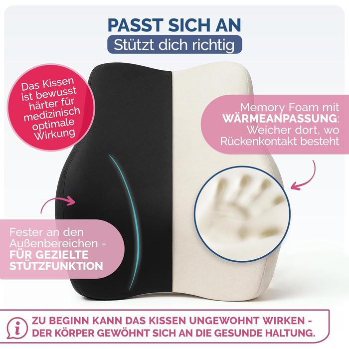 Ергономічна спинка Blumtal з піни з ефектом пам&39яті - підтримуюча поперекова подушка чохол, сертифікований OEKO-TEX - спинна подушка із застібкою - опора для спини - подушка для опори спини - поперекова подушка