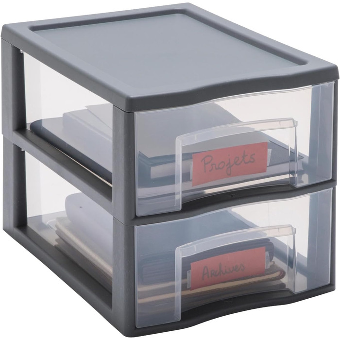 Пластикова коробка з шухлядами, сіра, 2 прозорі шухляди для паперу А4, висота 25,5 см, штабелюються, ідеально підходить для столу, класу, документів, аксесуарів А4 / 2 шухляди