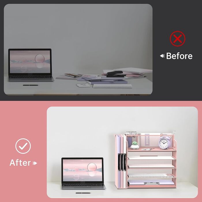 Органайзер для столу з тримачами для файлів, 5 рівнів, органайзер для столу з 3 тримачами для ручок, лотком для паперу та листів для офісу, дому, організації та зберігання, рожевий