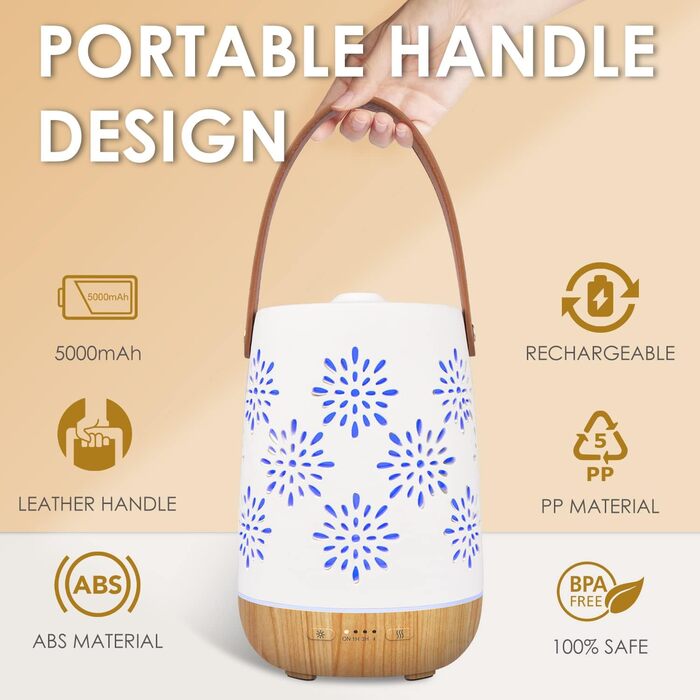 Керамічний аромадифузор SALUBRITO для ефірних олій, бездротовий акумуляторний ароматерапевтичний дифузор з батареєю, портативний дифузор, ароматична лампа з автоматичним вимкненням для відпочинку на природі, кемпінгу, дому, йоги