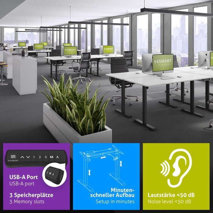 Чорний - Ергономічна рама для столу з функцією сидячи/стоячи, безступінчасте електричне регулювання висоти 71-121 см, 3 слоти пам&39яті, порт заряджання USB, нагадування про активність, плавний старт/зупинка, 121B