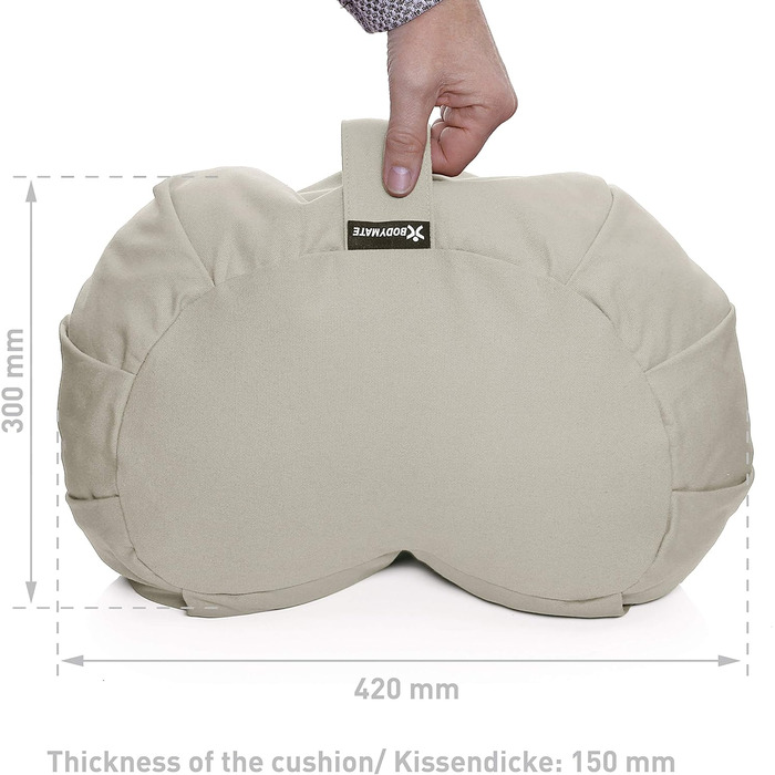 Подушка для йоги BODYMATE Half Moon, 42 см завдовжки, 30 см завширшки та 15 см заввишки, з наповнювачем з гречаної лушпиння Чохол, який можна прати в пральній машині, виготовлений зі 100 надтовстої бавовни Подушка для медитації Подушка сидіння, світло-сір