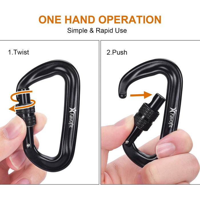 Затискачі для карабінів Favofit із замком, 4 шт. и, 12 кН (1223 кг кожна), міцні карабіни для кемпінгу, походів, активного відпочинку на свіжому повітрі та тренажерного залу тощо, маленькі карабіни, чорні