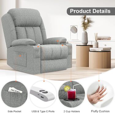Електричне крісло-реклайнер/масажне крісло для телевізора з функцією відкидання спинки, підйомником, функцією масажу, підігрівом, підставкою для ніг, підстаканником, 4 бічними кишенями, портами типу C та USB, шкіряне крісло, сірий колір
