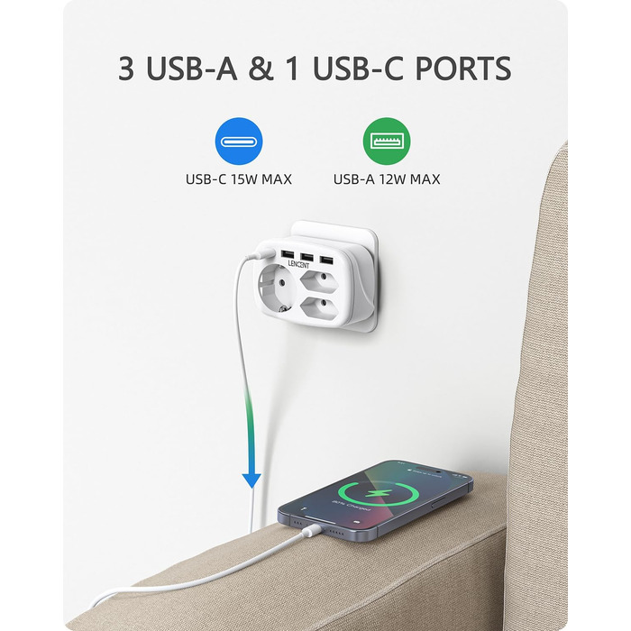 Розетка 7 в 1 адаптер для декількох розеток, 3 відділення подвійний євро і 1 вилка Schuko з 3 USB і USB-C з'єднаннями, подвійна ви