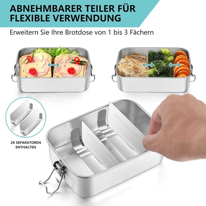 Ланчбокс Onader з роздільниками, нержавіюча сталь, бенто-бокс для дітей та дорослих, контейнер для перекусу знімною перегородкою для пікніка, школи та подорожей, герметичний та придатний для миття в посудомийній машині - 850 мл