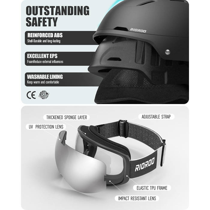 Лижний шолом з комплектом окулярів, регульований вентильований спортивний шолом з окулярами, підходить для зимових видів спорту, сноубордингу, катання на лижах, вітрозахисний, підходить для підлітків чоловічої та жіночої статі, лижні шоломи, чорний, розмі