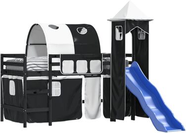 Меблі для дому Інструменти Дитяче ліжко-горище з вежею, біло-чорне, 90 x 200 см, масив дерева, сосна