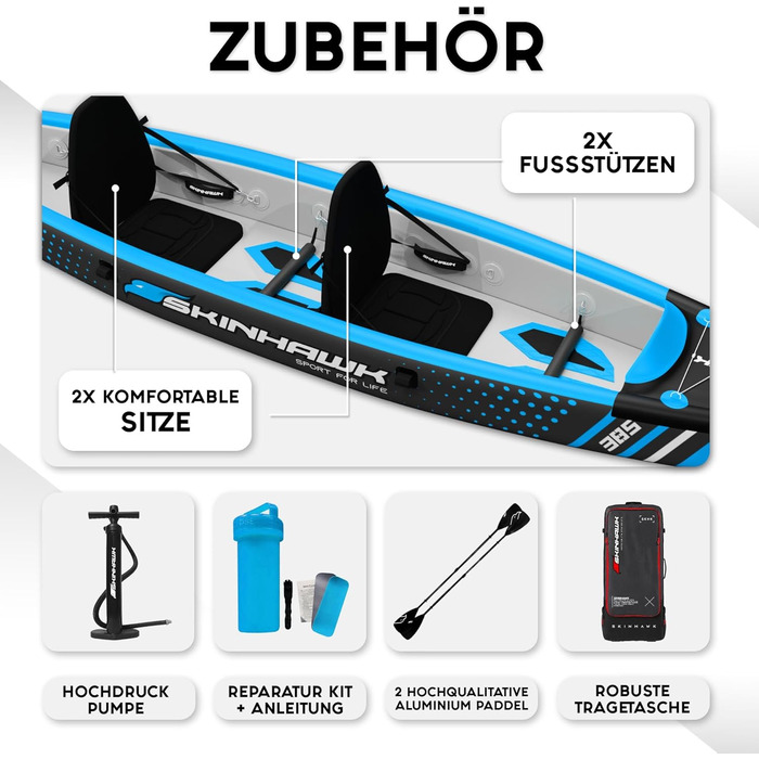 Надувний човен, Каное, Каяк для пригод 385 x 85 см, В комплекті сумка, насос, сидіння та алюмінієве весло, 385 Blue