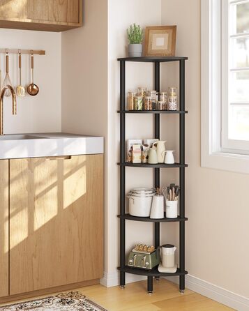 Ярусна кутова полиця, промислова кутова вітрина, кутова книжкова полиця для вітальні, спальні, кухні, домашнього офісу, чорна WBC010B Schwarz 30 см x 30 см x 133,5 см, 5-