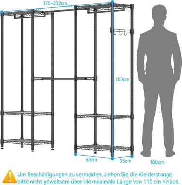 Телескопічна вішалка для одягу Himimi з 4 шт. ангами для одягу та 6 полицями з регульованою висотою, 1 гачок, телескопічна система полиць, Ш (175-230) x В 180 см, адаптується до кімнат різних розмірів, чорна, 175-230 x 35 x 180 см, чорний