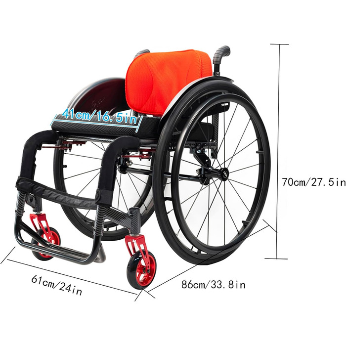 Самохідна складна інвалідна коляска Складна транспортна інвалідна коляска Алюмінієва портативна туристична інвалідна коляска Легка транзитна інвалідна коляска (42 см/16,5 дюймів сидіння, червоне) 42 см/16,5 дюймів сидіння червоне