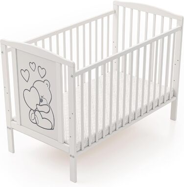 Звичайне дитяче ліжко, дитяче ліжко, ліжко для малюків Timmi з матрацом, виготовлене з масиву дерева, 3 положення регулювання висоти, 60x120 см, біле