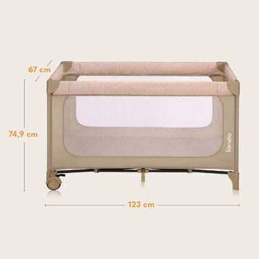 Дорожнє ліжечко Lionelo Jasmin Easy Fold для дітей вагою до 15 кг, віком від 0 до 36 місяців, матрац з пінопласту T25, 2 налаштування висоти, механізм легкого складання, бічний вхід, колеса, бежевий/пісочний