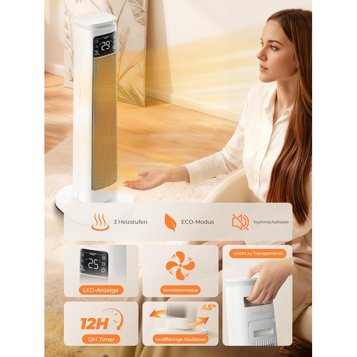 Енергозберігаючий вентилятор-обігрівач, керамічний вентилятор-обігрівач PTC потужністю 2000 Вт, тиха робота, режим ECO для низького енергоспоживання, пульт дистанційного керування, таймер, захист від перегріву та перекидання, електричний обігрівач для дом