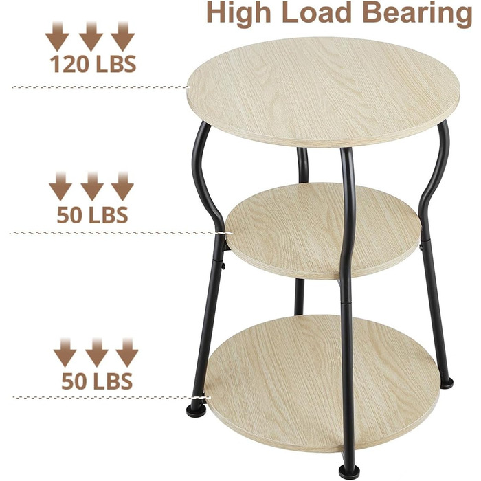 Круглий журнальний столик, 3-ярусний вінтажний журнальний столик, невеликий з міцним металевим каркасом, тумбочка біля ліжка, невеликий круглий диванний столик для вітальні, спальні, балкону, 40 x 40 x 55 см (дуб).