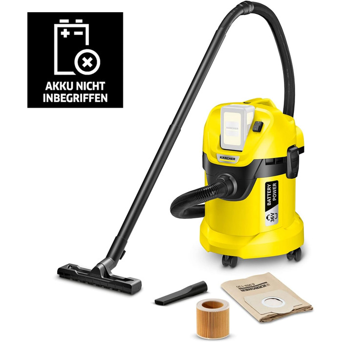 Акумуляторний пилосос для вологого/сухого прибирання Krcher 36 В WD 3 Акумулятор, патронний фільтр, всмоктувальний шланг 2 м, розм