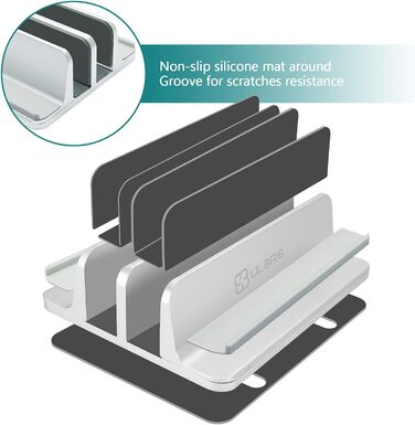 Вертикальна підставка для ноутбука з металу, подвійне регулювання, 4 слоти, для MacBook, HP, Chromebook до 17.5 дюймів (44.5 см) срібляста