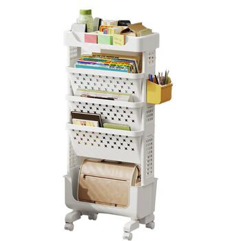 Мобільна книжкова полиця на колесах, органайзер для журналів/книг, візок для зберігання книг, 5-ярусна книжкова полиця на колесах для спальні, офісу та школи (біла)
