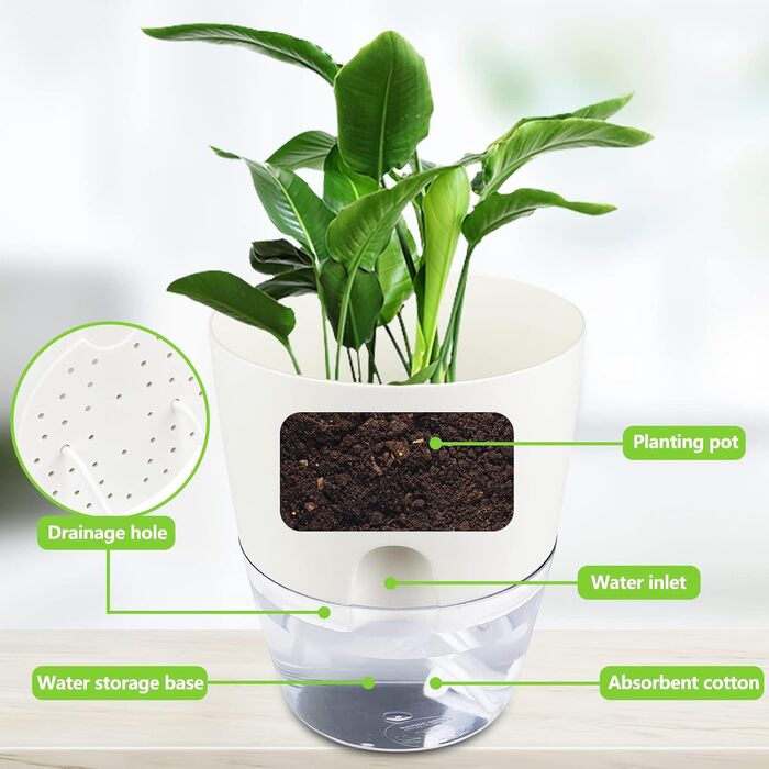 Кашпо для квітів Relota 3 шт. и біле шириною 15,3 см, кашпо для трав пластикове з самополивом і резервуаром для води, кашпо для ку