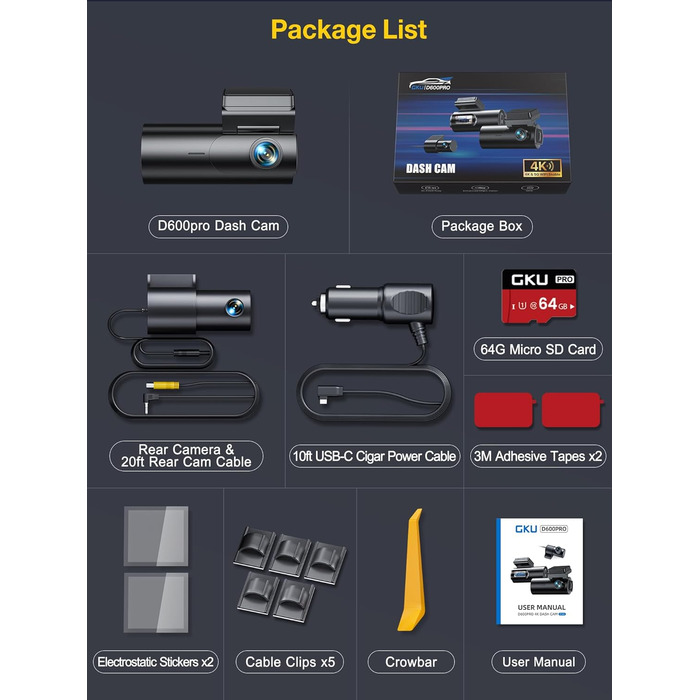 Відеореєстратор автомобільний передній задній, 5 ГГц WiFi GPS, подвійний відеореєстратор, 1.5 IPS міні-автомобільна камера з 64 ГБ