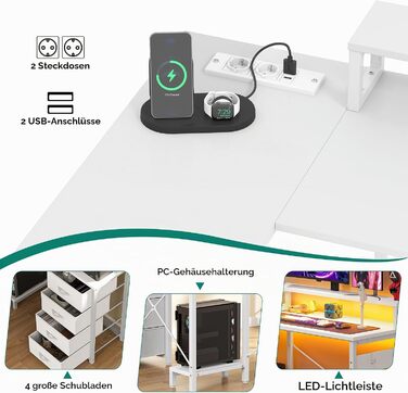 Кутовий письмовий стіл YITAHOME L-подібний з USB-розетками та шухлядами, білий, 130 x 100 x 75 см