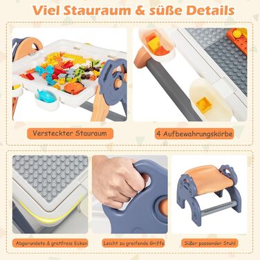 Дитячий столик GOPLUS 6 в 1 зі стільцем, складний дитячий мольберт з двосторонньою стільницею, 102 будівельними блоками та 4 знімними кошиками, ігровий столик для дітей 3-8 років