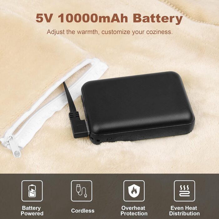 Бездротова ковдра з підігрівом з акумулятором 10000 мАг, електрична фланелева ковдра з підігрівом 160x90 см, портативна для жінок та чоловіків, 3 рівні нагріву, можна прати для дому, офісу, кемпінгу, хакі