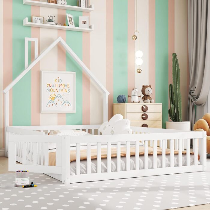 Дитяче підлогове ліжко, двоспальне ліжко 140x200 см з поручнями, рейковою основою та формою димоходу ліжко Монтессорі, ліжечко, домашнє ліжко, дерев&39яне ліжко, каркас ліжка, дитяче ліжко, соснове дерево, без матраца, біле.