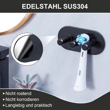 Тримач для зубної щітки Настінний без свердління Тримач для електричної зубної щітки, Тримач для головки щітки з нержавіючої сталі, Самоклеючий тримач для зубної щітки Тримач для головки для зубної щітки для зберігання у ванній кімнаті, чорний