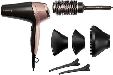 Фен для волосся Remington Curl-Straight з іонізацією (2200 Вт, 3 насадки конічна, для локонів та дифузор, кругла щітка 45 мм, затискачі, 3 рівні температури та 2 рівні обдуву) D5707, чорний