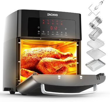 Аерофритюрниця XXL - Мультипіч ZACHVO 15L - 10 програм 1700 Вт з сенсорним LCD екраном - Фритюрниця Фритюрниця Смаження без олії, 7 аксесуарів, на 90 менше жиру - Дегідратор гриля в духовці в чорному Аерофритюрниця