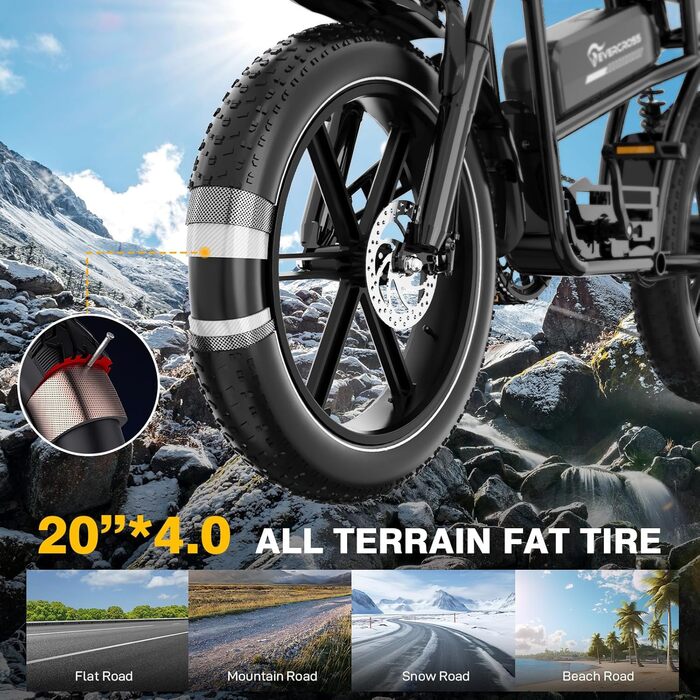 Електричний велосипед EVERCROSS для дорослих, 250 Вт, шини 16&quot/20&quot x 4.0 Fat, швидкість до 25 км/год та запас ходу 60-100 км, знімний акумулятор 36V/48V, гірський, сніговий, позашляховий електровелосипед EK30 чорного кольору - макс. 100 км