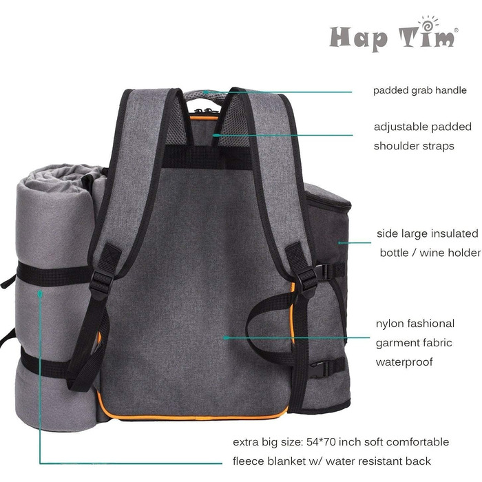 Рюкзак для пікніка Hap Tim для 4 осіб з ізольованим відділенням-холодильником, тримачем для вина, флісовою ковдрою, набором столових приборів, подарунками на заручини для пар, подарунком на весільну вечірку, подарунками на весілля (EU-36021) 4 особи сірог