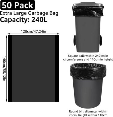 Міцних сміттєвих мішків об&39ємом 240 літрів, 120 x 140 см, сміттєві мішки 240 л, сміттєві мішки, надміцні сміттєві мішки, сміттєві мішки, для побутових відходів та офісного використання - чорні, 50