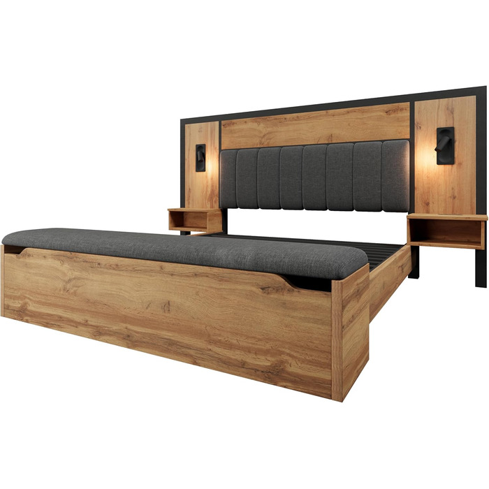 Двоспальне ліжко Kebnor з м&39якою поверхнею, комплект ліжка з лампою для читання та USB-портом, тумбочкою та лавкою для зберігання речей, каркас ліжка з рейковою основою з металу, дерева та льону, дуб (матрац не входить до комплекту) (180200 см) 180200 с