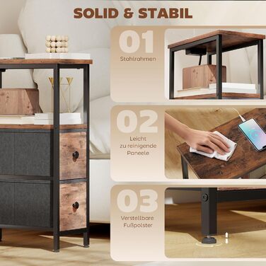 Журнальний столик HOMCOM, приставний столик із зарядною станцією, сталевий каркас, вузький столик для вітальні з 2 тканинними шухлядами, відкритим відділенням, розеткою, портами USB та USB-C, журнальний столик для вітальні, рустикальний коричневий