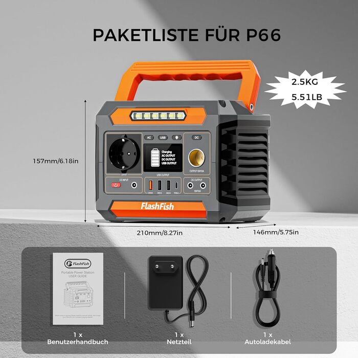 Портативна електростанція FlashFish 230 Втгод із сонячною панеллю 60 Вт, сонячним генератором 300 Вт (пікова потужність 600 Вт) з 2 портами постійного струму, 4 портами USB, світлодіодними ліхтарями, аварійним джерелом живлення для кемпінгу, подорожей, ві