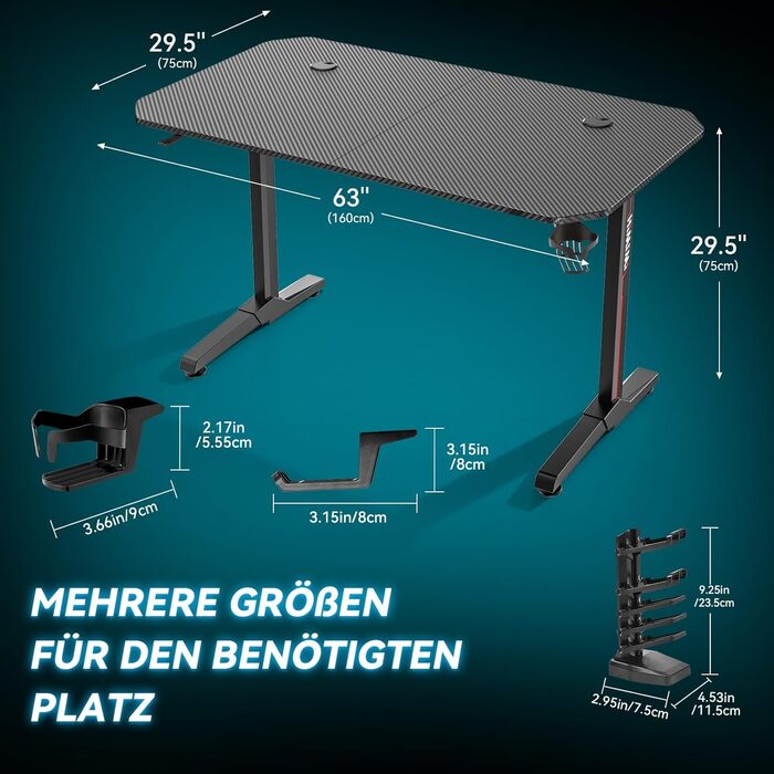 Ігровий стіл Himimi 160x75 см, ергономічний комп&39ютерний стіл з килимком для миші на всю поверхню, вуглецеве покриття, підставка для склянок, гачок для навушників та ігрова рама-ручка, міцна Т-подібна конструкція 160 x 75 x 75 см