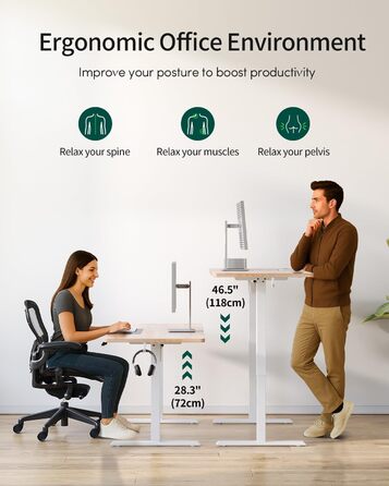 Стіл FEZIBO з регульованою висотою, цільна стільниця, 120 x 60 см, стіл з регульованою висотою та портами зарядки USB-A та USB-C, стіл для роботи сидячи та стоячи для домашнього офісу, стіл для роботи стоячи, дуб 120 x 60 см