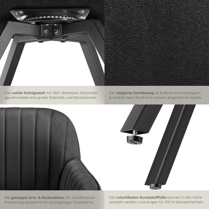 Обідні стільці tectake з підлокітниками, ергономічне крісло-обшивка з оббивкою з стьобаного оксамиту, обертові стільці для вітальні, обіднього столу, кабінету, туалетного столика, кухонних стільців - комплект з 4 шт. , чорний