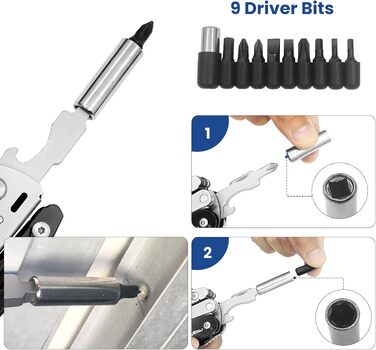 Мультитул Плоскогубці 12 в 1 з нержавіючої сталі, знімні складні ножиці, складні багатофункціональні плоскогубці, з 9 насадками дл