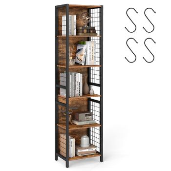 Книжкова полиця VASAGLE, офісна полиця, кухонна полиця, окремостояча полиця з 6 полицями, 4 S-подібними гачками, 30 x 40 x 175,6 см, для офісу, вітальні, кабінету, вінтажний коричнево-чорний колір LLS170K01, 6 рівнів (40Ш см)