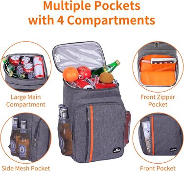 Рюкзак-холодильник 22 л - Велика сумка-холодильник, рюкзак для пікніка, водонепроникний рюкзак, надлегкі рюкзаки для чоловіків та жінок для кемпінгу, барбекю, походів, пікніка, чорно-сірий