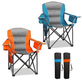 Великогабаритний м&39який кемпінговий стілець, складний садовий стілець з підсклянником, сумка для перенесення для походів на свіжому повітрі, пляжу, пікніків, міцний, вантажопідйомність 400 фунтів, помаранчевий та синій, 2PCS