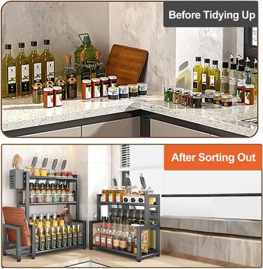 Стелаж для спецій Devesanter, 3 яруси, кухонна полиця для банок для спецій великої місткості, металевий органайзер для зберігання на стільниці з тримачем для обробної дошки, тримач для посуду, з 6 гачками, сірий, 3 яруси, металевий, сірий